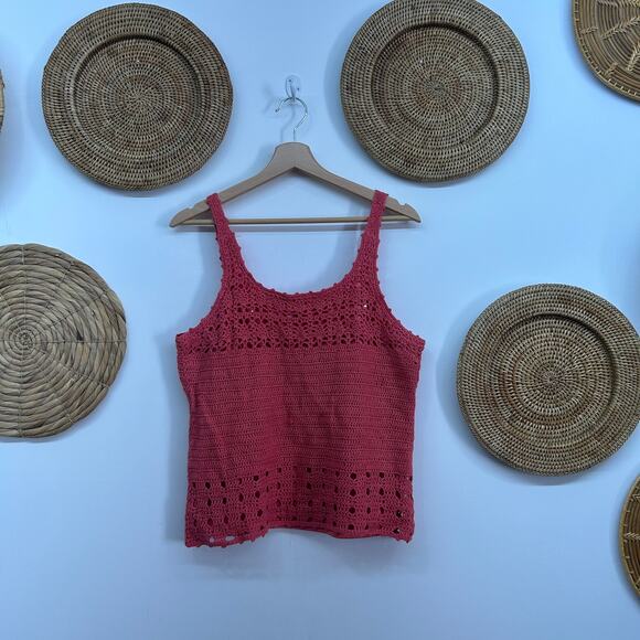Vintage Y2K 2000s CDP Pink Lined Sequins Boho Crochet Knit Lace Tank Top Large - Picture 1 of 6